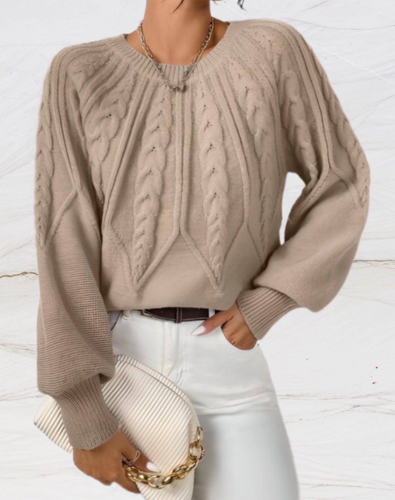 Brenda - Schicker Rundhals Strick-Winterpullover in Beige für Damen