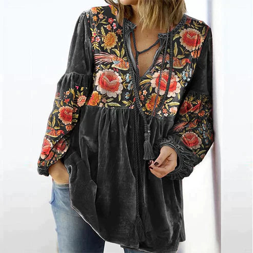 Felisa - Frauen Bluse Vintage Print V-Ausschnitt Langarmshirt