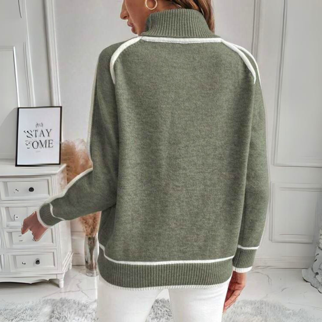 Damen Strickpullover mit Stehkragen – Modischer Olivgrüner Pullover mit Kontrastdetails – Warmer Langarm Sweater für Herbst & Winter