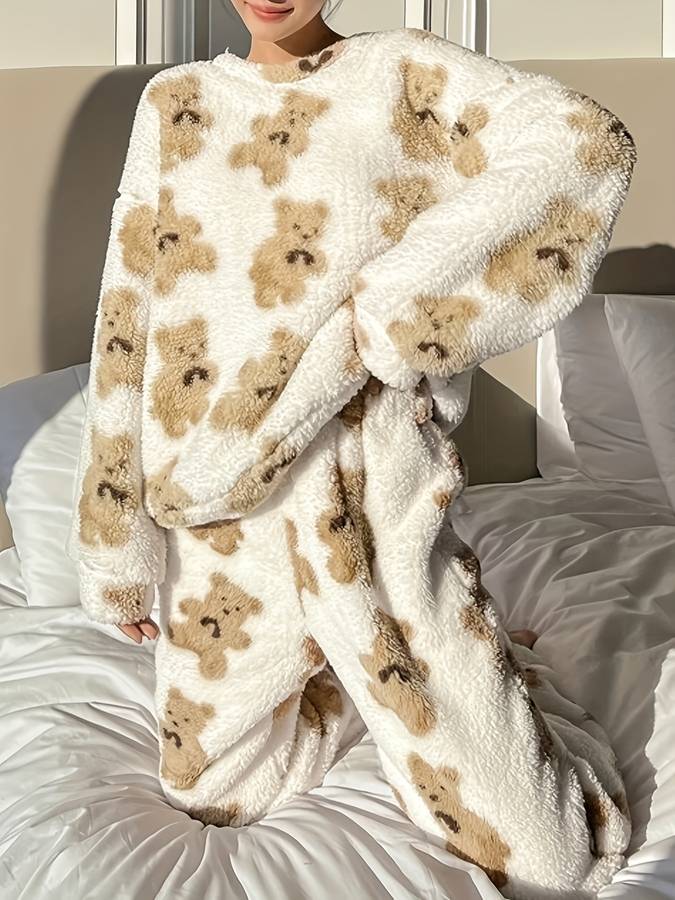 Bianca - Lässiges und bequemes Winter-Loungewear-Set mit weißem Bärendruck für Damen