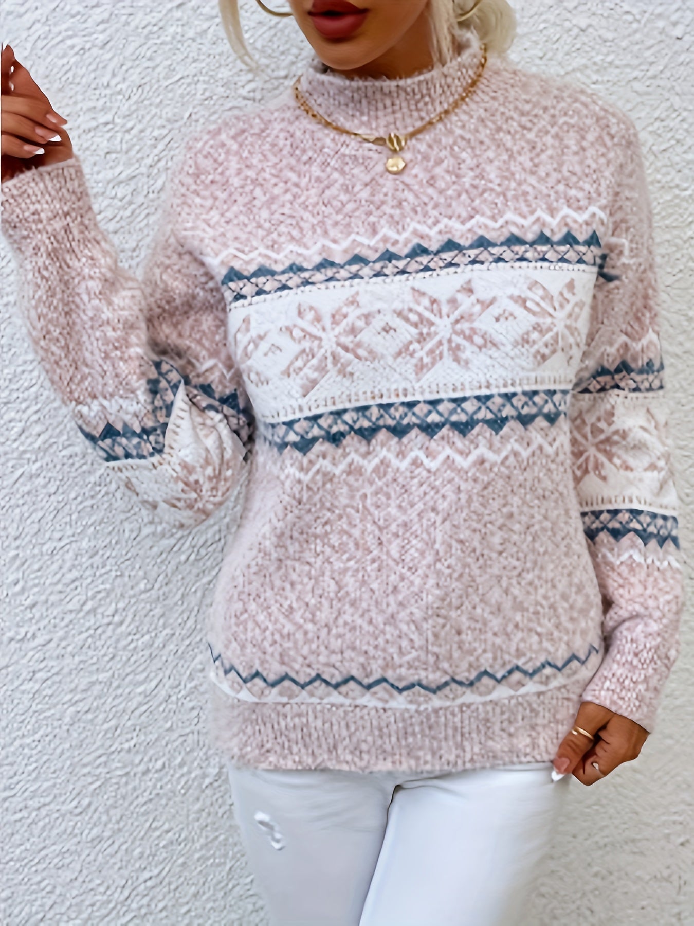 Aubrey - Schicker Winter Schneeflockenpullover mit Stehkragen für Damen