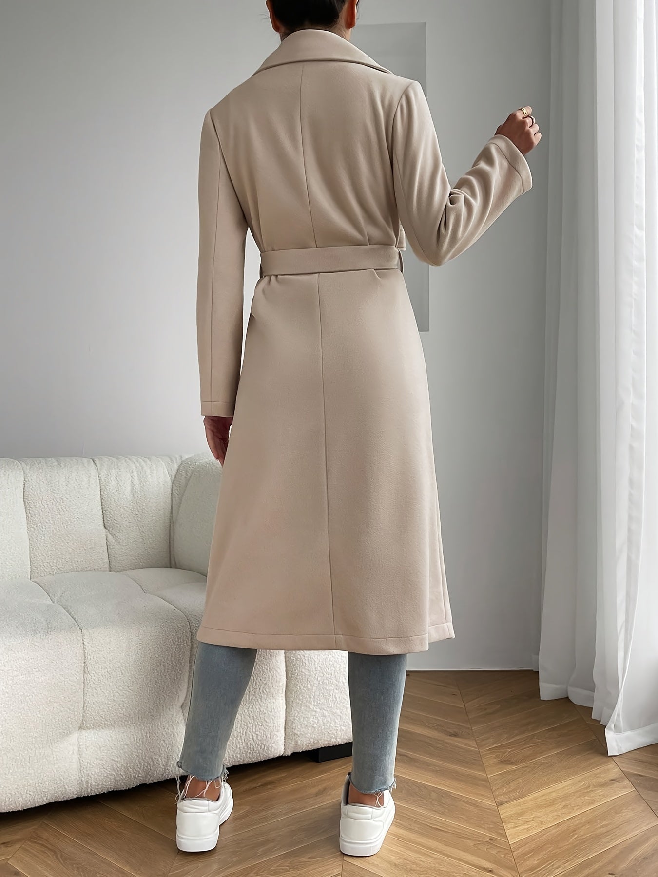 Emma - Stilvolle Klassische Beige Herbstjacke mit Offener Front und Gürtel für Damen