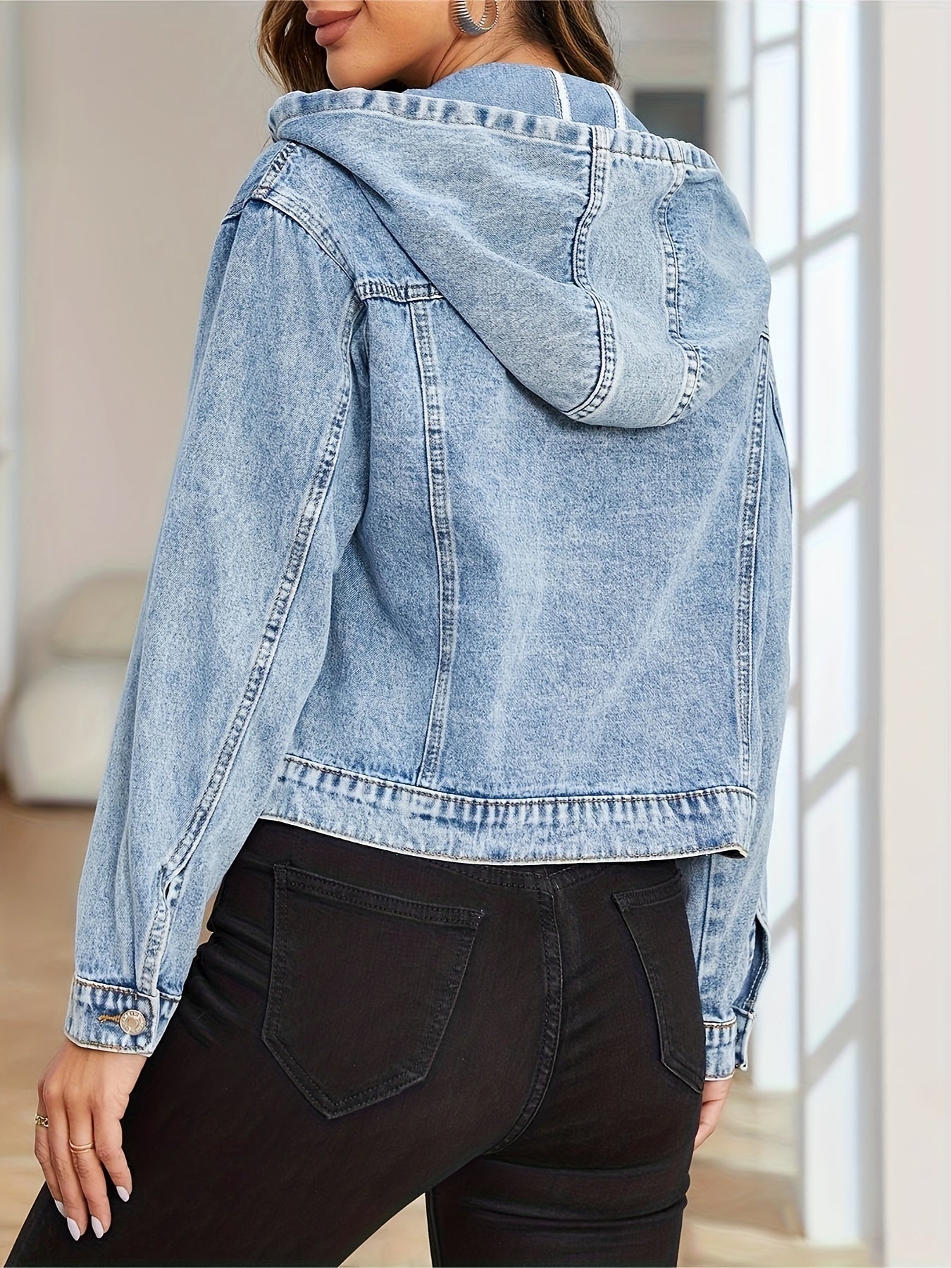 Natalia - Lässige Herbst Blau Jeansjacke mit Kapuze und Knöpfen für Damen