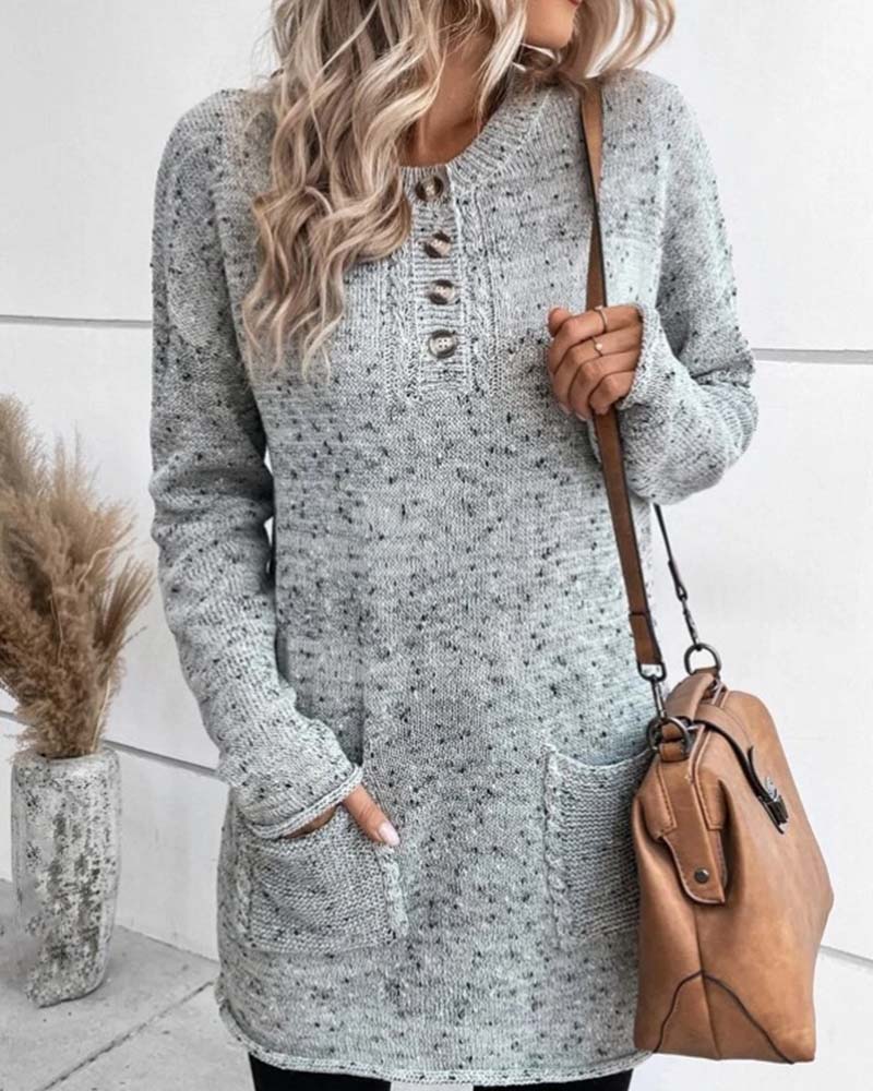 Abigail - Stilvolle Lange grauer Pullover mit Taschen für Damen im Winter