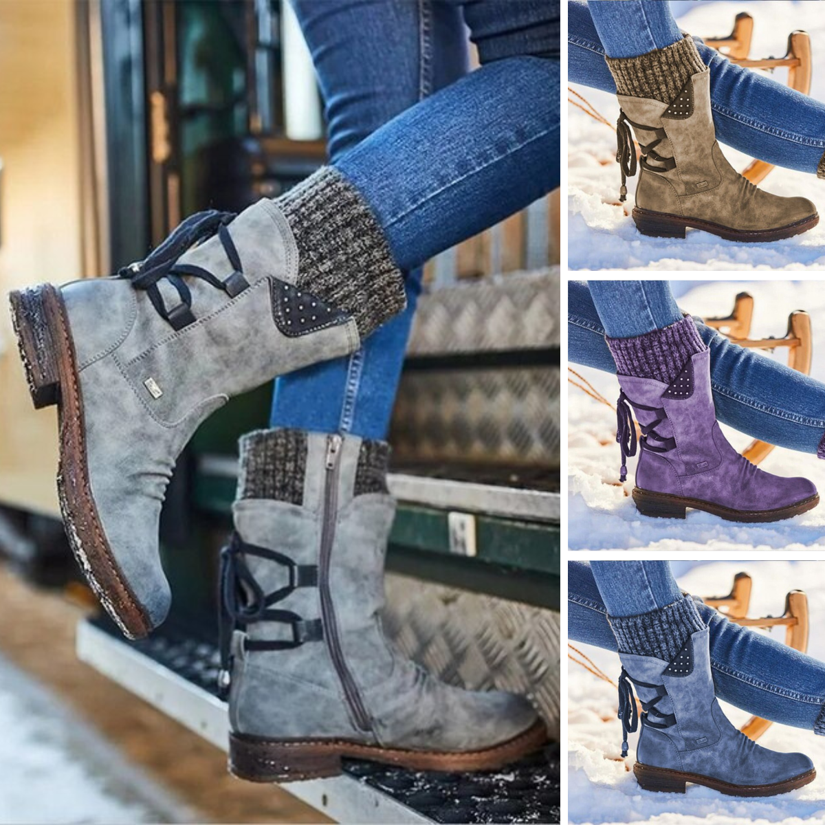 Warme Damen Winterstiefel – Gefütterte Stiefel mit Schnür- und Nieten-Details, ideal für kalte Wintertage