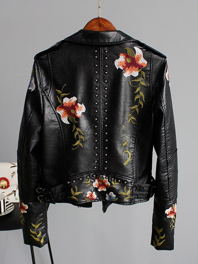 Janice - Schicke Herbst Schwarze Lederjacke mit Bestickten Blumen für Damen