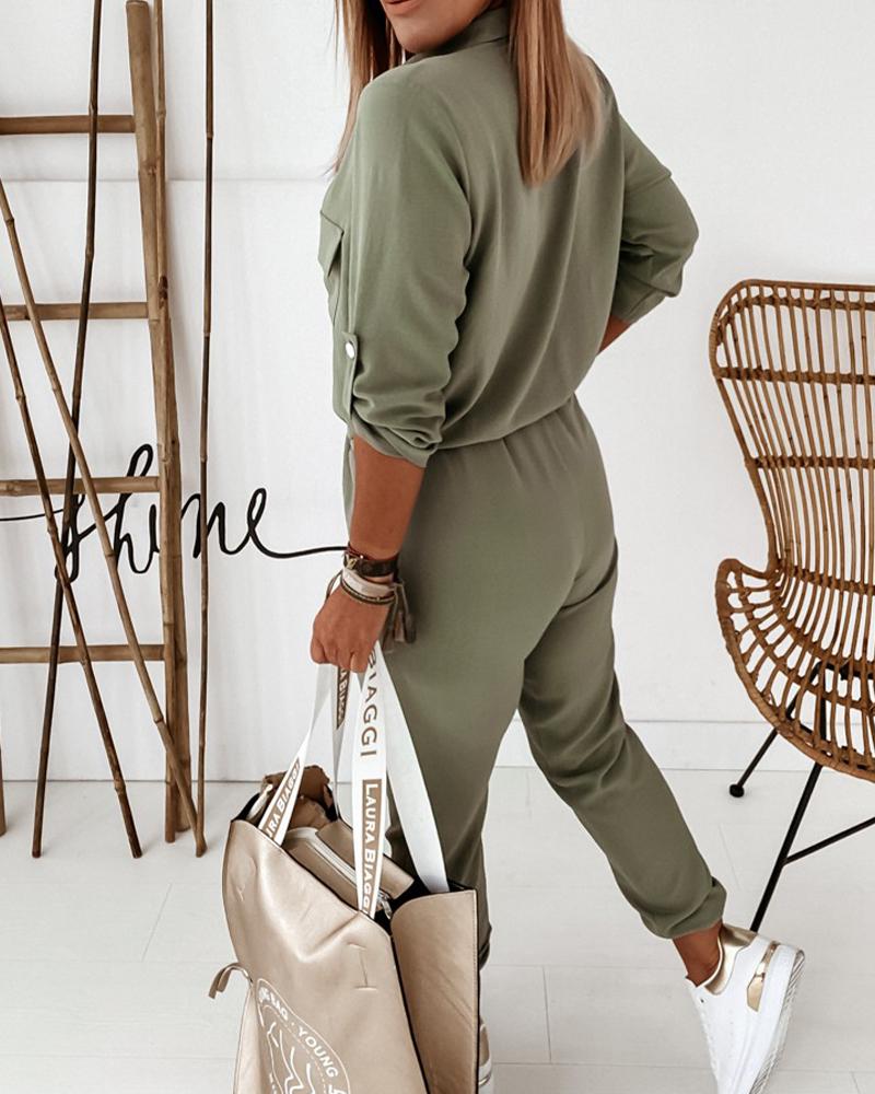 Ava - Eleganter Herbst Armeegrüner Jumpsuit mit Langen Ärmeln für Damen