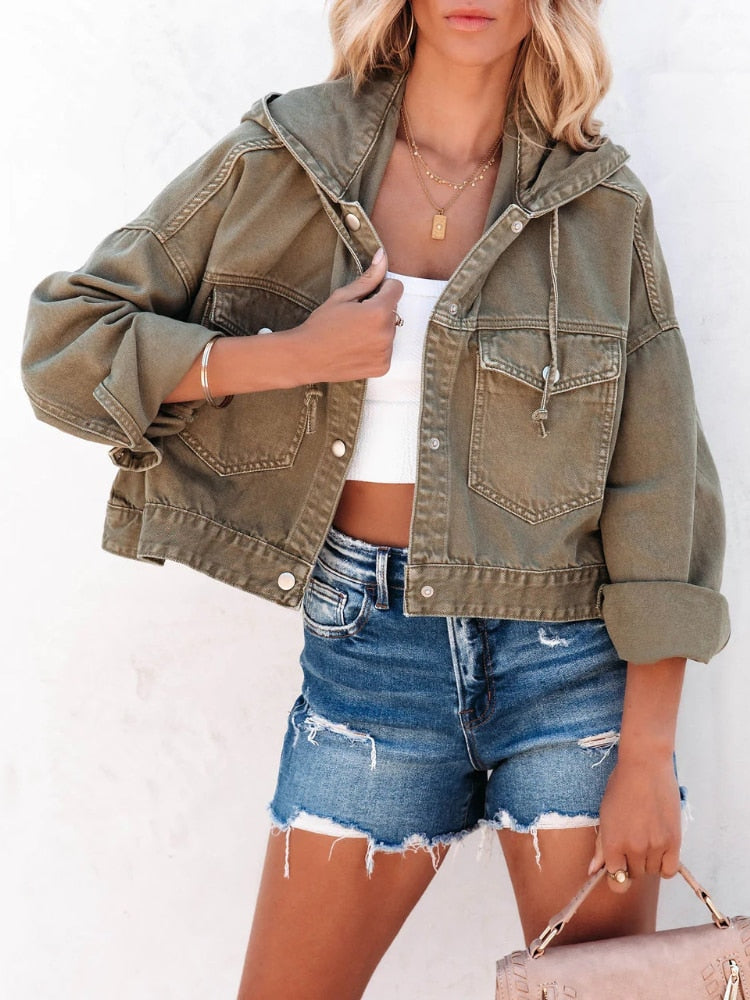 Armeegrüne Cropped Denim Jacke