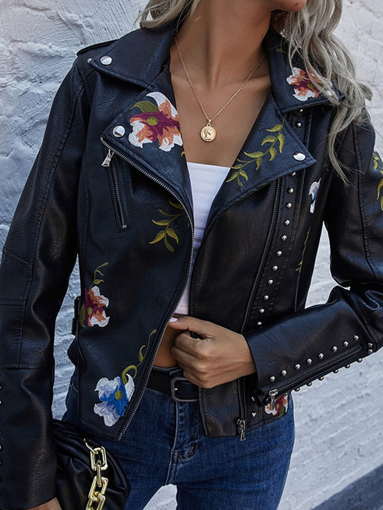 Janice - Schicke Herbst Schwarze Lederjacke mit Bestickten Blumen für Damen