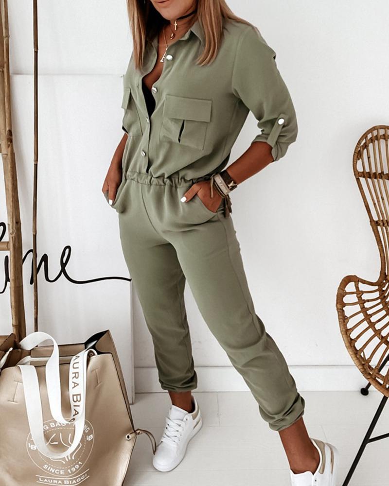 Ava - Eleganter Herbst Armeegrüner Jumpsuit mit Langen Ärmeln für Damen