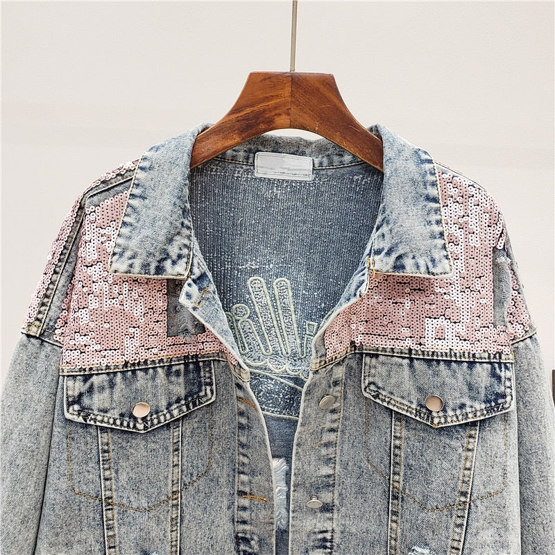 Oversized-Jeansjacke mit Glitzer