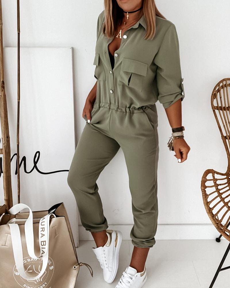 Ava - Eleganter Herbst Armeegrüner Jumpsuit mit Langen Ärmeln für Damen