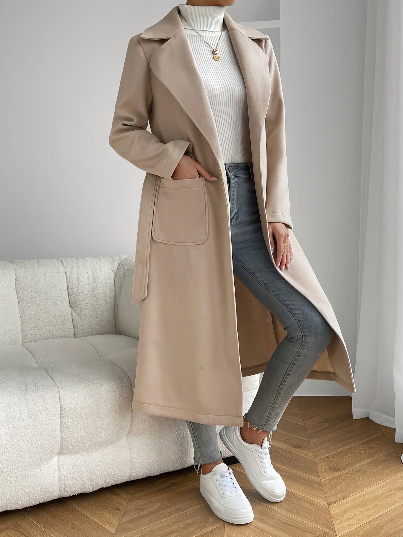 Emma - Stilvolle Klassische Beige Herbstjacke mit Offener Front und Gürtel für Damen