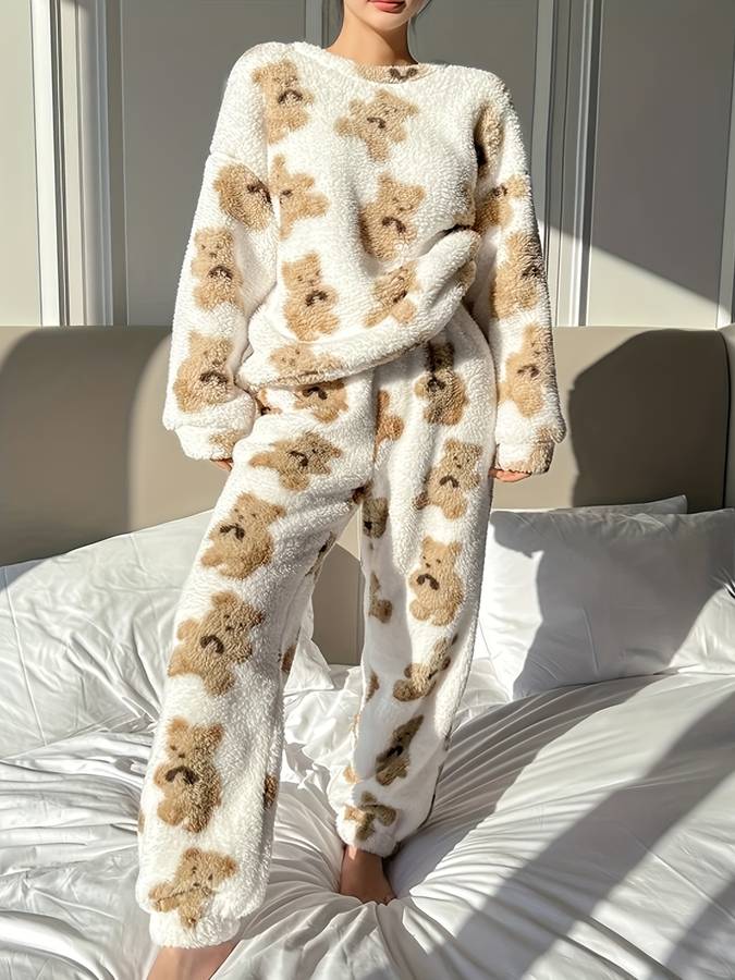 Bianca - Lässiges und bequemes Winter-Loungewear-Set mit weißem Bärendruck für Damen