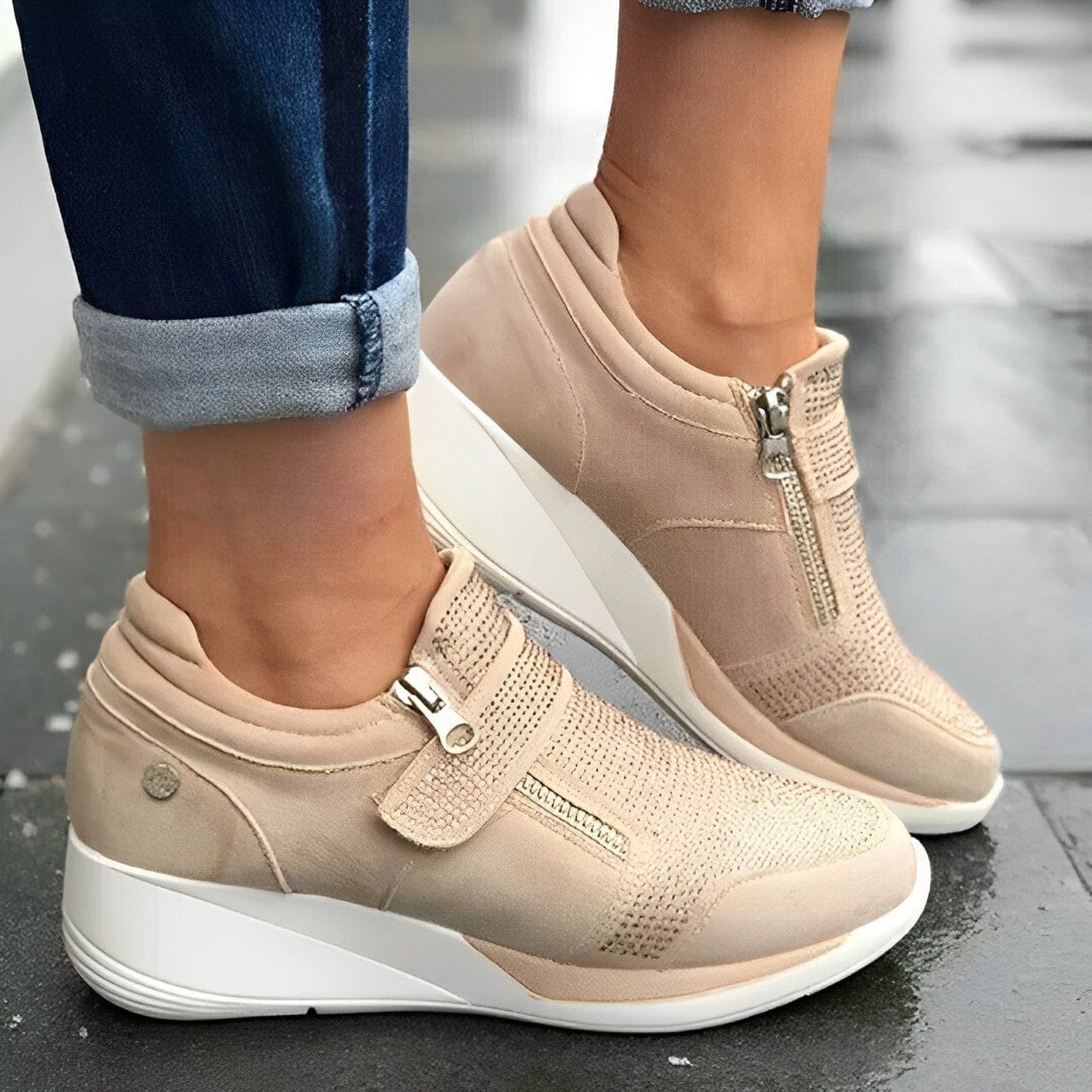 Bequeme Damen-Sneaker mit Keilabsatz – Atmungsaktive Freizeitschuhe mit Reißverschluss und Klettverschluss, ideal für den Alltag