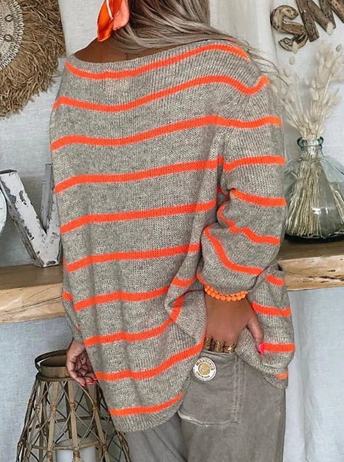 Adele - Lässige und Bequeme Orange und Braun Gestreifte Herbst-Strickpullover für Damen