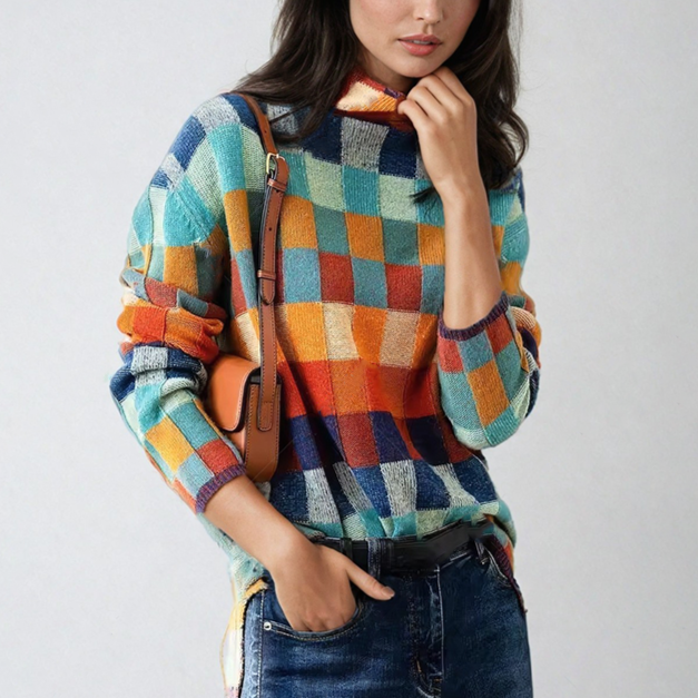 Belle - Schicker Herbst Bunter Patchwork Rollkragenpullover für Damen