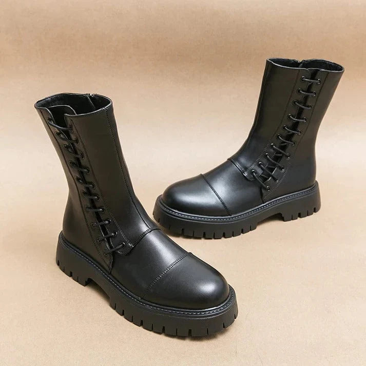 Trendige Damen-Schnürstiefel aus Leder mit Blockabsatz – Robuste Combat-Boots für einen stylischen Look